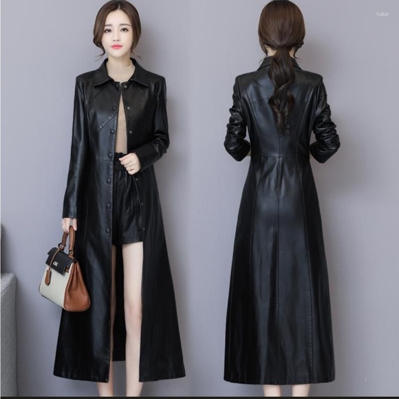 Thinsulate Genuine Long Women’s Black Leather Trench Coat - Picture 15 of 16